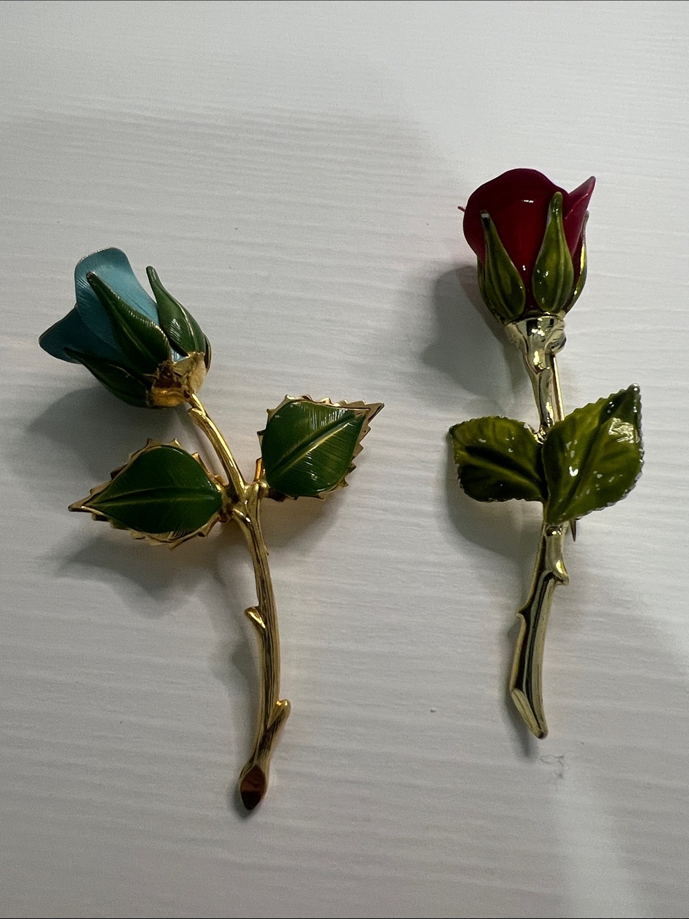 Vintage Enamel Rose Brooches - Red & Teal Floral Pins